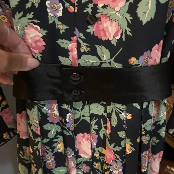 Vintage Lanz Originals Black Floral Dress Puff Sleeves 1980s Pristine Pockets - Picture 5 of 8